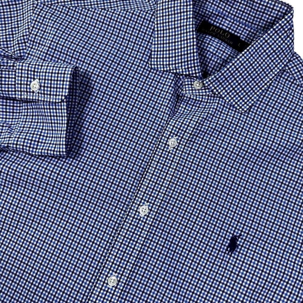 Polo Ralph Lauren Gingham Button Down Shirt Mens L Blue White Long Sleeve Preppy